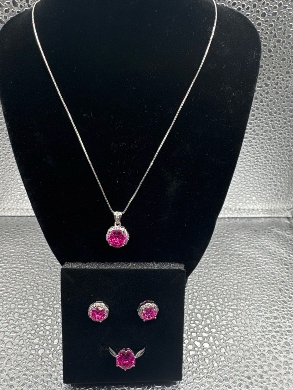 Silver Necklace, Ring and Stud Earrings Set with Pink Gemstones